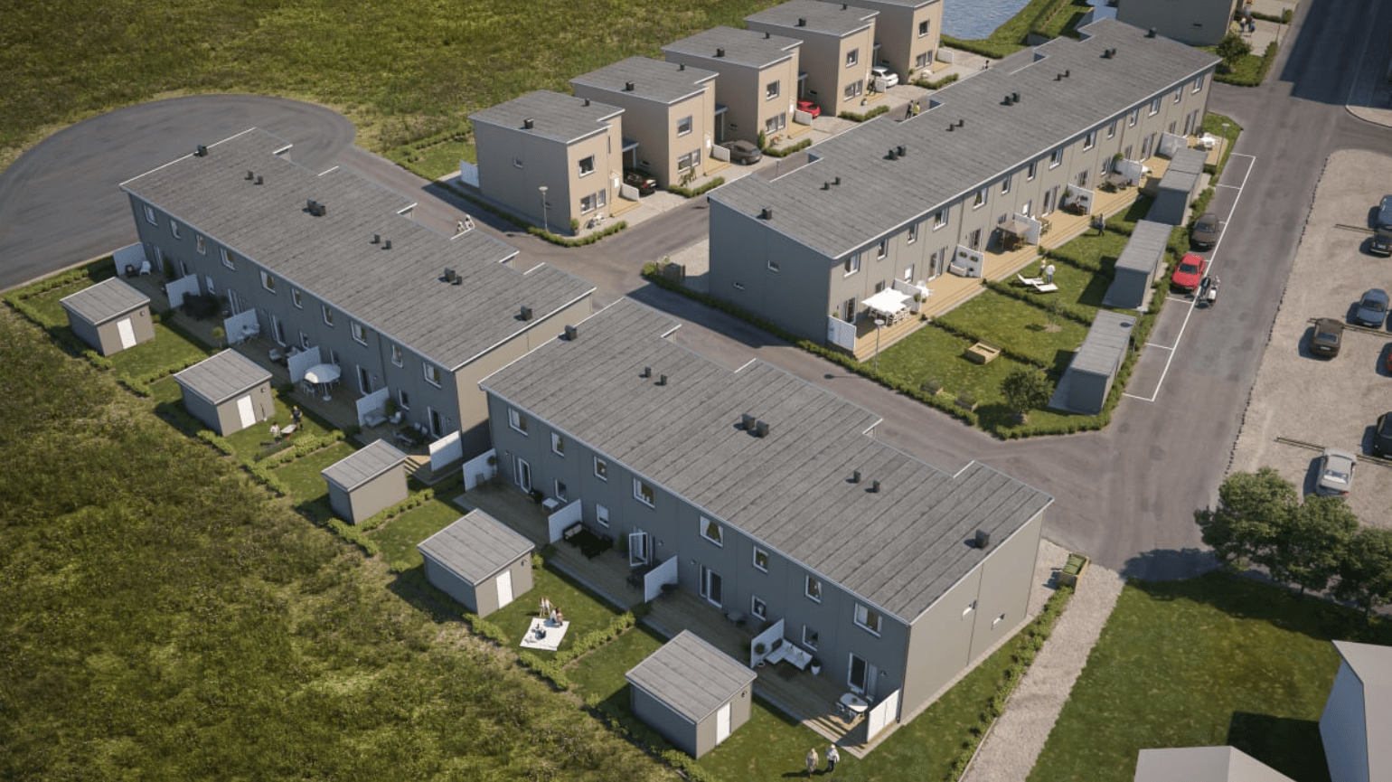 Översiktsillustration av de nya husen i BoKlok Dahlian i Häljarp, Landskrona. Pressbild BoKlok