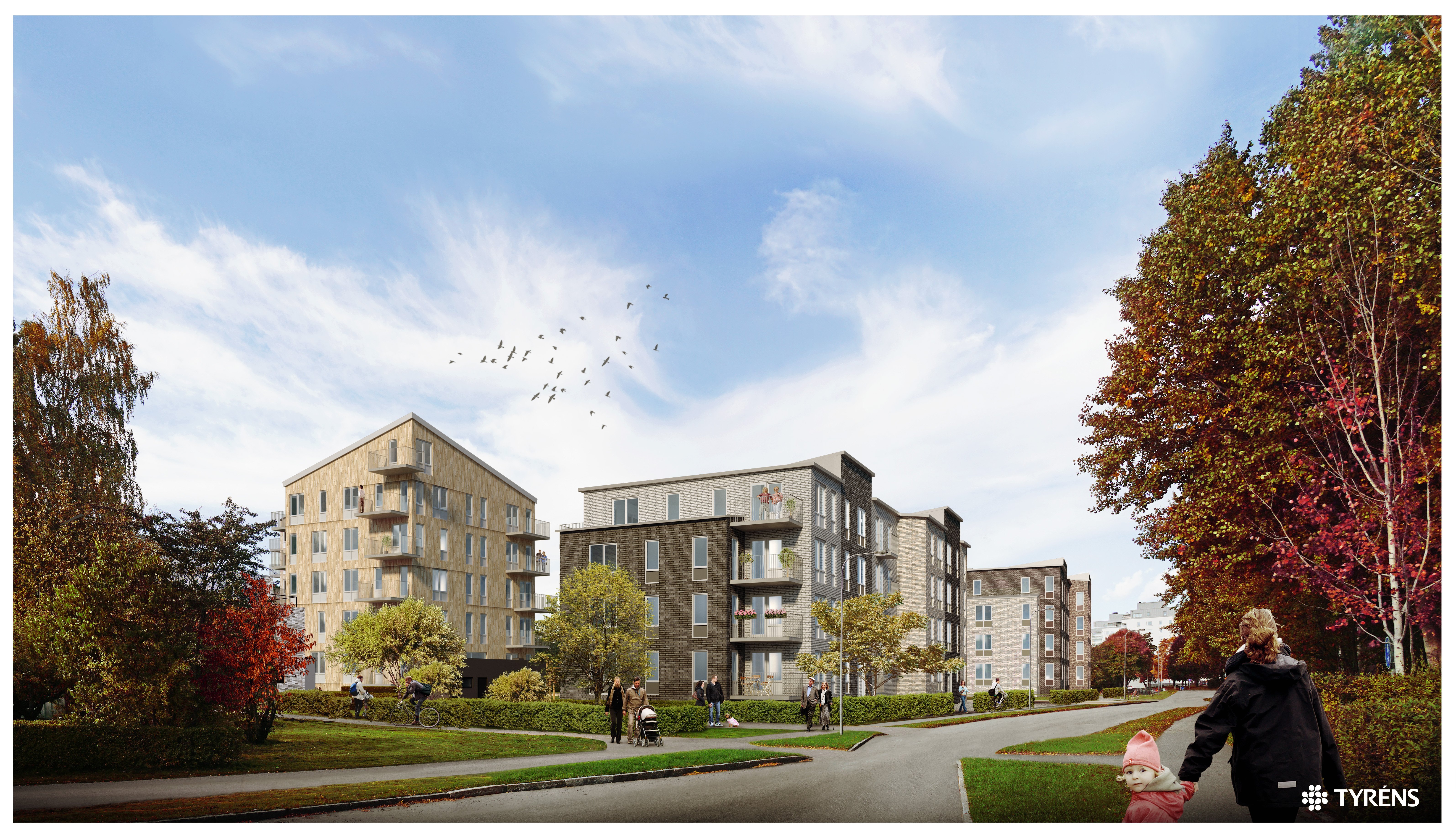 Visionsbild av flerbostadshus som JM planerar vid Ekevägen i Skiljebo. Bildkälla: Tyréns