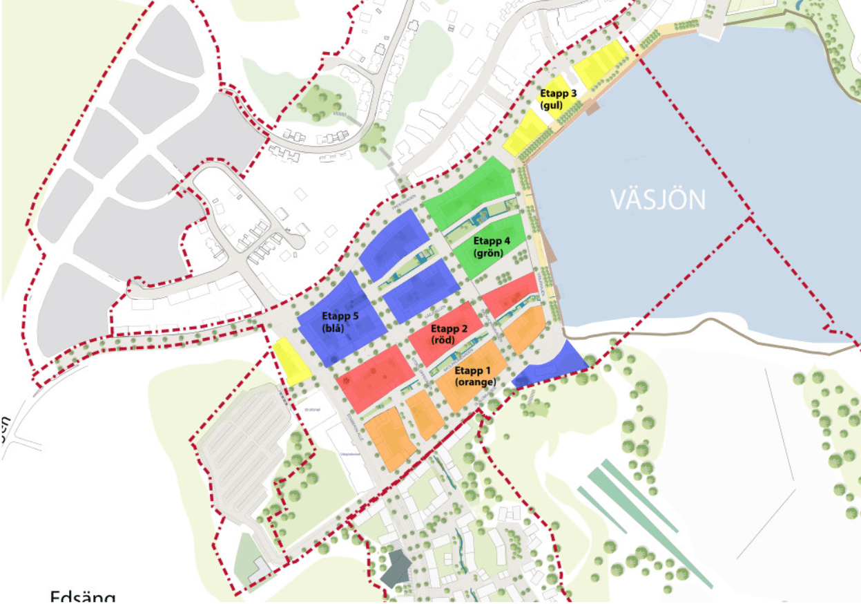 Utbyggnadsordning Väsjö torg. Totalt beräknas omkring 1 000 bostäder att kunna byggas på Väsjö torg i etapper fram till omkring 2029. Bildkälla: Sollentuna kommun