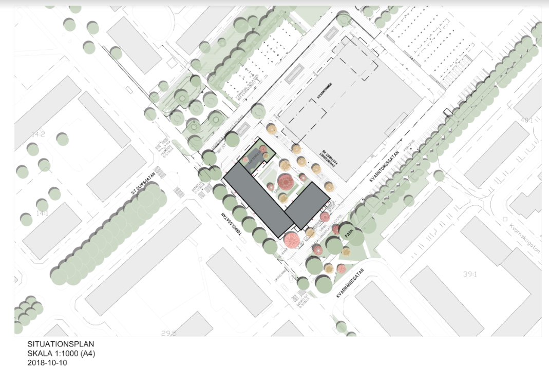 Situationsplan för det nya kvarteret på Kvarntorget. Bildkälla: Veidekke
