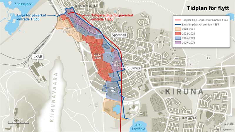 Tidplan för flytt Kiruna med såväl gamla prognoslinjen (röd) som den förtydligade (blå). Bildkälla: LKAB