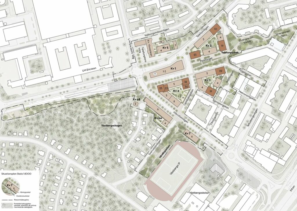 Illustrationsplan över förslagen nybyggnation i området centrala Telefonplan. Illustration: Varg arkitekter / Stockholms stad